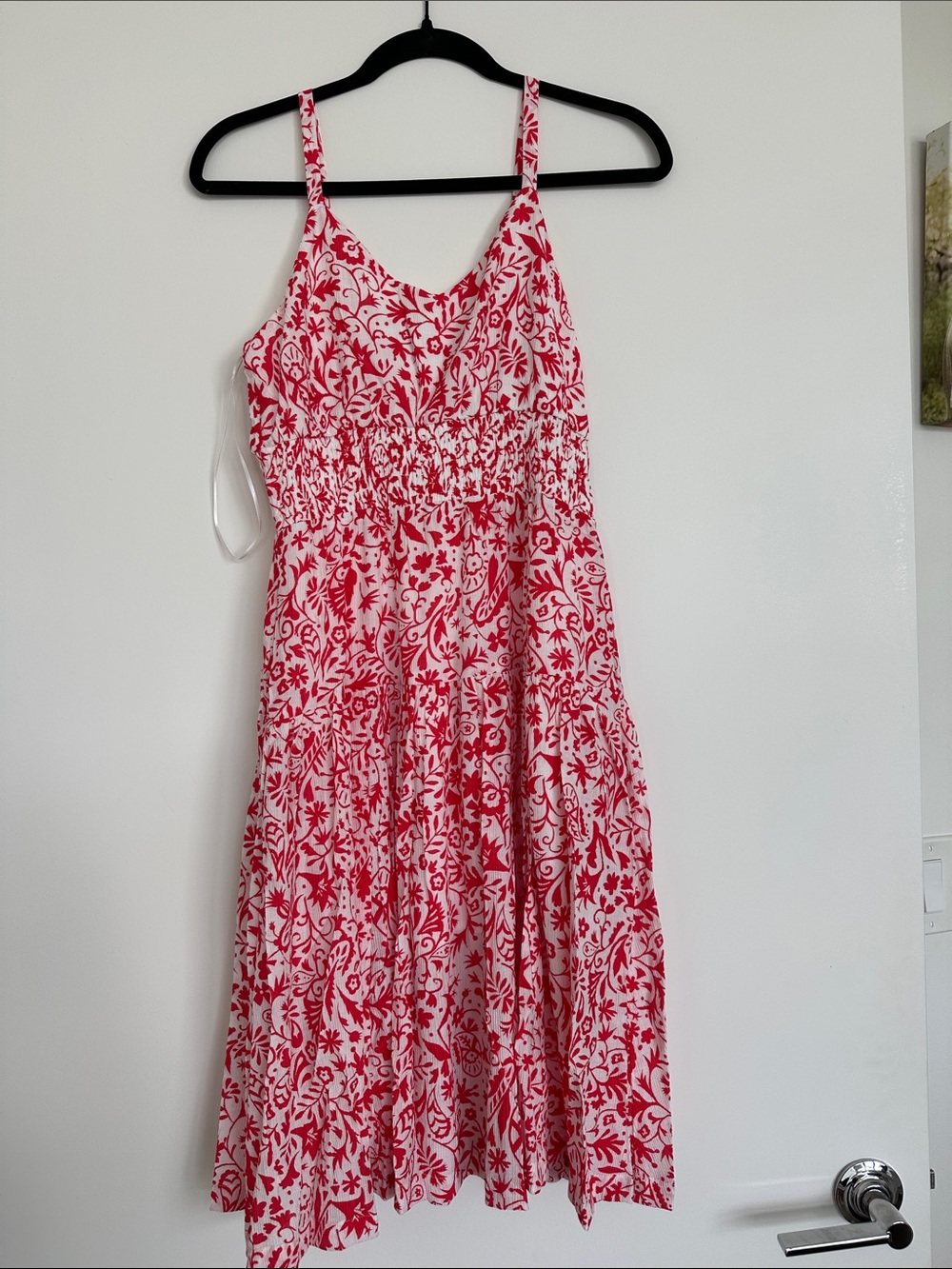 Skies Are Blue White Midi Dress with Red Floral Print